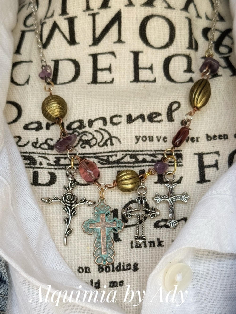 Alquimia Amethyst and multi cross Charms patina Necklace